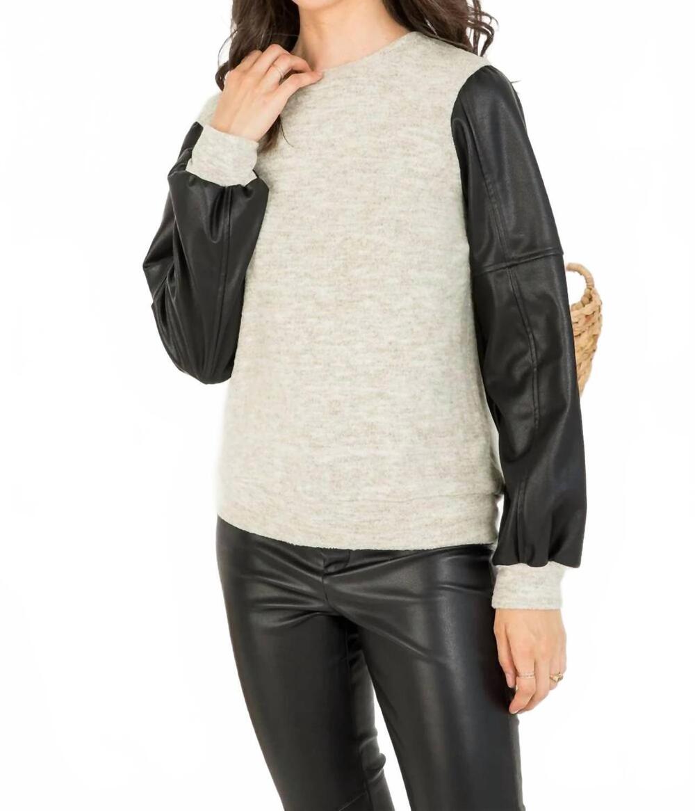 NEW THML knit and leather long sleeve top in black/beige